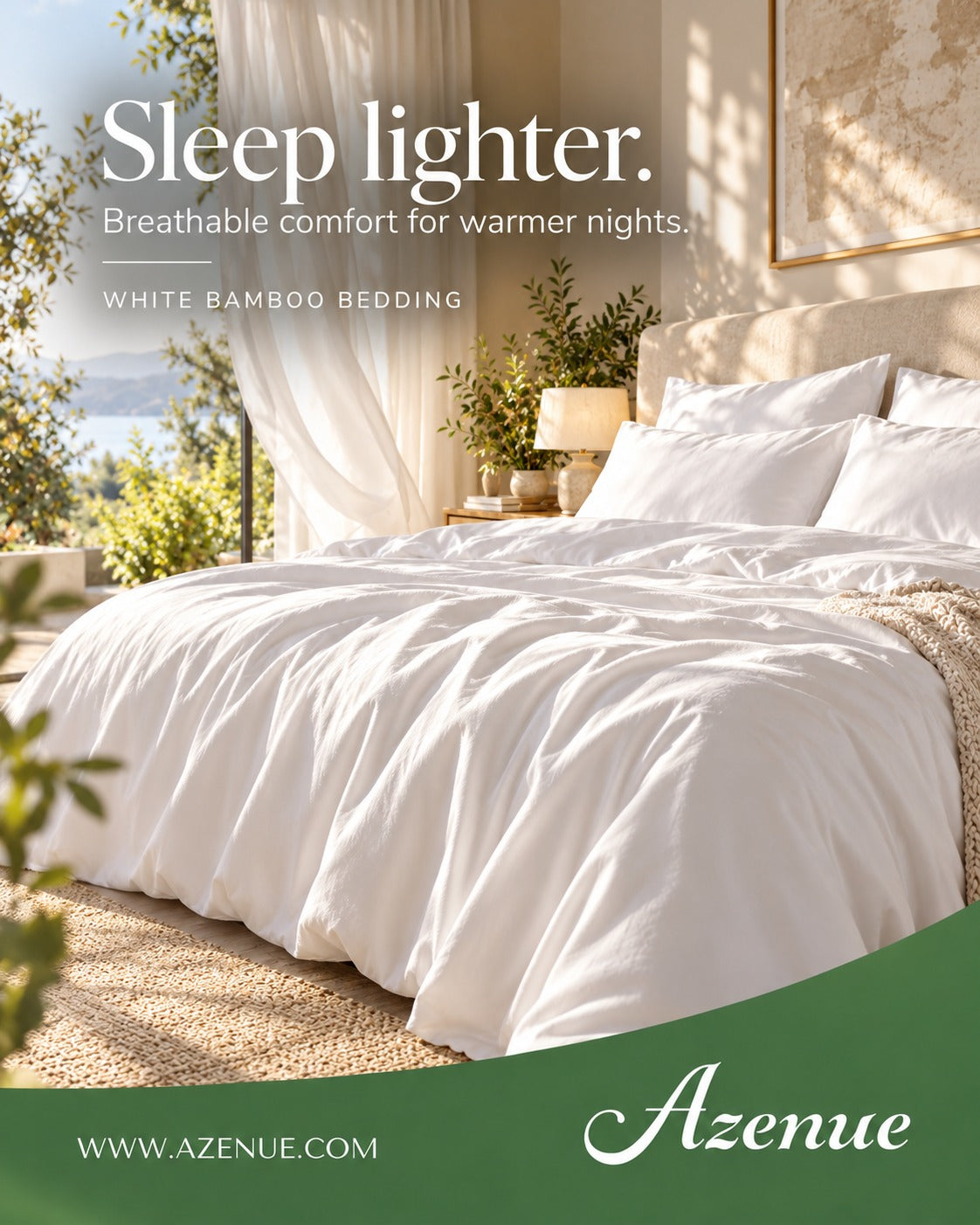 White Azenue bamboo bedding set on a king bed